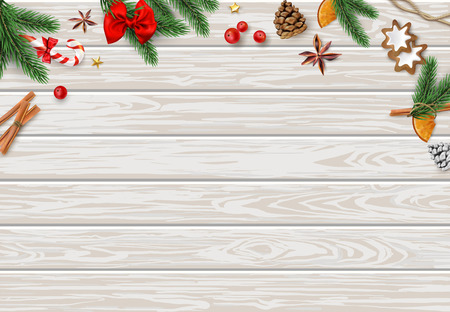 Wooden textured backdrop with colorful Christmas decorations, fir branches, cone, candy, cinnamon for Christmas and New Year holiday design. Vector background.のイラスト素材