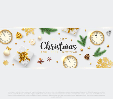 White Merry Christmas and Happy New Year poster with clock, top view gifts, golden snowflakes and space for text. Vector background.のイラスト素材