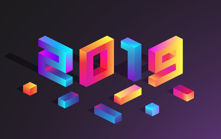 Purple 2019 New Year card with bright spectrum figures. Colorful neon 3d sign. Vector background.のイラスト素材