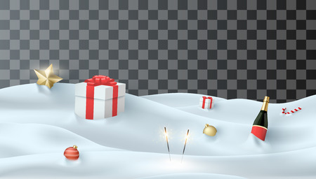 Festive template with snow, gifts, Champagne and holiday decorations on transparent background for Christmas and New Year design. Vector illustration.
のイラスト素材