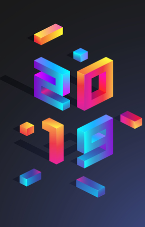 Blue 2019 New Year poster with bright spectrum figures. Colorful neon 3d sign. Vector background.のイラスト素材