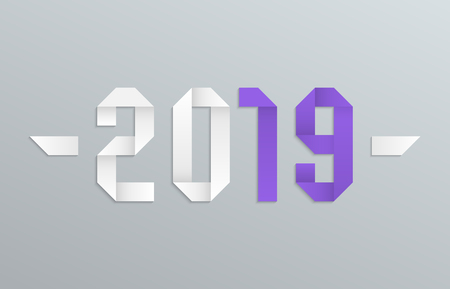 Grey 2019 New Year sign or card with white and purple paper cut figures. Vector background.のイラスト素材