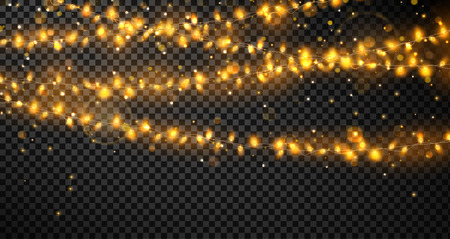 Golden shiny decorative lanterns and garlands of lights for holiday, Christmas and New Year design isolated on transparent background. Festive template. Vector illustration.のイラスト素材