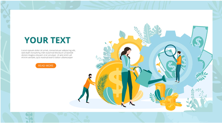 Landing page for site or web page template for business projects with people, money and space for text on white background. Teamwork, startup, business. Vector illustration, flat style.のイラスト素材