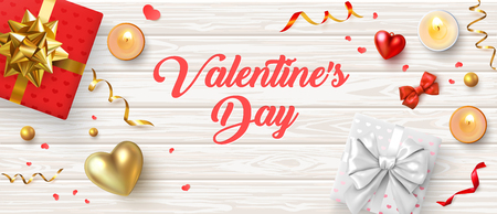 Happy St. Valentine's Day banner with top view gifts, candles, 3d hearts and confetti. Love design. Vector wooden background.のイラスト素材