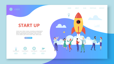 New business start up. Landing page or web site template with rocket and people. Teamwork, development, coaching, marketing. Vector paper illustration, flat style.のイラスト素材
