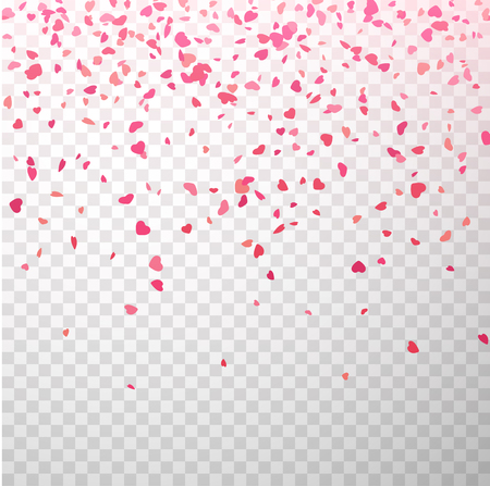 Red and pink paper confetti in shape of hearts on transparent backdrop. St. Valentine's Day pattern. Love design. Vector background.のイラスト素材