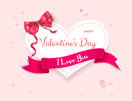 Pink St. Valentine's Day greeting card with heart, ribbon and satin bow. Love design. Vector paper background.のイラスト素材