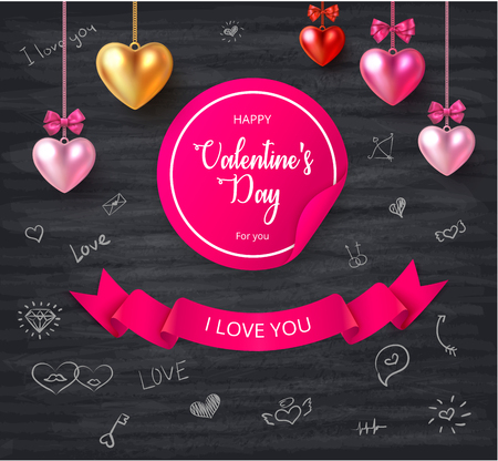 Happy St. Valentine's Day card with colorful 3d hearts and ribbon on blackboard. Love design. Vector background.
のイラスト素材