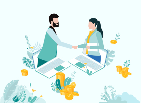 People communicate for business, use online technologies, sale and increase efficiency and income. Vector illustration with laptop and money, flat style.のイラスト素材