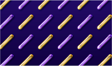 Purple background with lilac and golden shiny 3d cylinders or sticks abstract pattern. Vector illustration.のイラスト素材