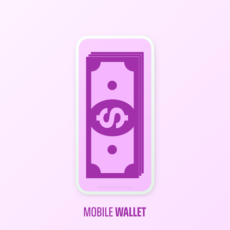 Mobile wallet pink poster with smartphone and dollar banknotes. Vector background, flat style.のイラスト素材