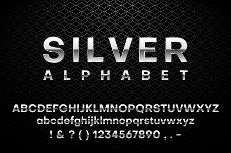 Silver latin alphabet isolated on black background. Shiny letters and figures template for sign board creation. Bold font design. Vector illustration.のイラスト素材