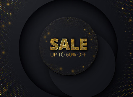 Sale up to sixty percent off black promo poster with golden multi-layered cut out pattern. Vector paper background.のイラスト素材