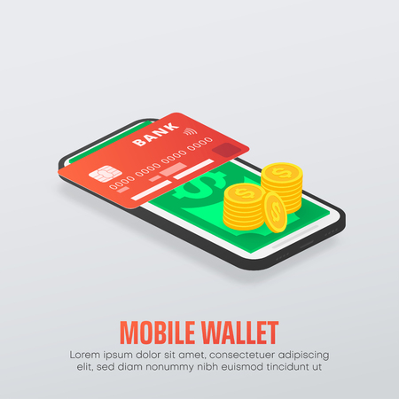 Mobile wallet white poster template with smartphone, credit card, dollars and space for text. Vector background, flat style.
のイラスト素材