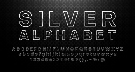 Silver latin alphabet isolated on black background. Hollow letters and figures template for sign board creation. Font design. Vector illustration.のイラスト素材