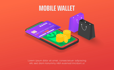Mobile wallet red poster template with smartphone, credit card, dollars, shopping bags and space for text. Vector background, flat style.のイラスト素材