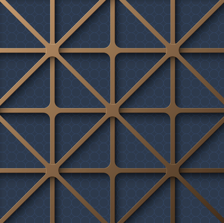 Blue abstract backdrop with golden geometric textured pattern. Vector background.のイラスト素材