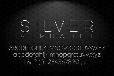 Silver latin alphabet isolated on black background. Letters and figures template for sign board creation. Font design. Vector illustration.のイラスト素材