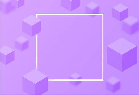 Lilac poster with white square frame and abstract geometric 3d cubes. Creative solution for invitation, booklet or business card. Vector background.のイラスト素材