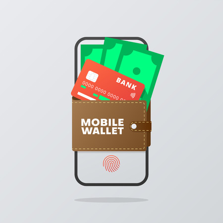 Mobile wallet and wireless payment white poster with smartphone, credit card and dollar banknotes. Vector background, flat style.のイラスト素材