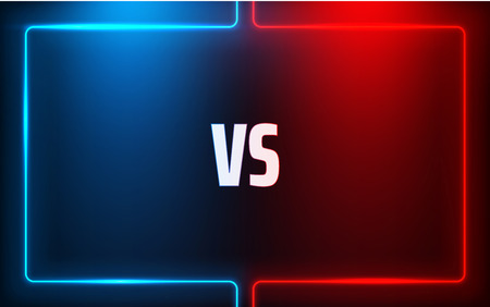 Versus - confrontation, red and blue shiny screen with neon frame and VS sign. Battle, business confrontation, rivalry, match, challenge, sport, competition. Vector background. のイラスト素材