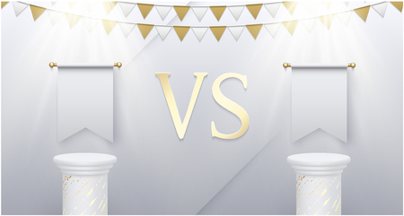 Versus - confrontation, white poster with empty marble pedestals, flags, soffits and VS sign. Battle, business confrontation, rivalry, match, challenge, sport, competition. Vector background.のイラスト素材
