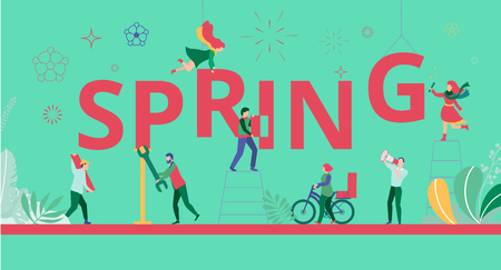Spring green banner with happy people building figures. Flat style design. Vector background.のイラスト素材