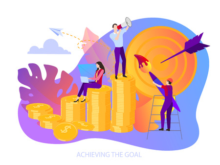 Achieving the goals and earn money. People work, implement business projects and increase efficiency and income. Teamwork, startup, business, success. Vector illustration, flat style.のイラスト素材