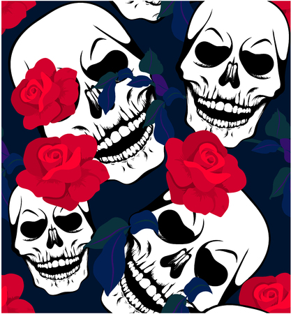 Seamless pattern with white skulls and red rose flowers. Decoration for fabric, clothes. T-shirt print, trendy design for youth, teenagers. Vector background.のイラスト素材