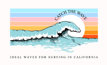 Colorful T-shirt print with wave and surfing California inscription, trendy summer design for youth, teenagers, surfers, poster. Decor for fabric, textile, clothes. Vector illustration.のイラスト素材