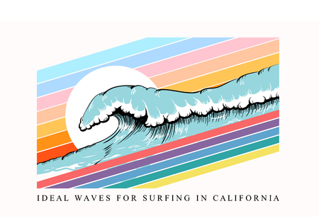 Colorful T-shirt print with wave and surfing California inscription, trendy summer design for youth, teenagers, surfers, poster. Decor for fabric, textile, clothes. Vector illustration.のイラスト素材