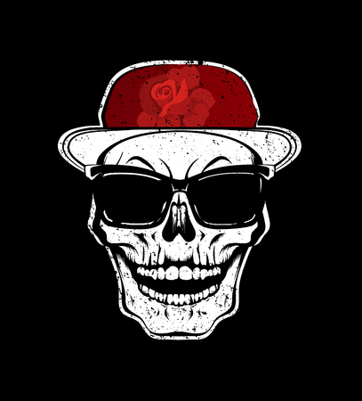 White skull in sunglasses and red cap with rose flower isolated on black background. Decoration for fabric, clothes. T-shirt print, trendy design for youth, teenagers. Vector illustration.

のイラスト素材