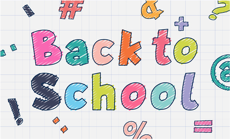 Back to school welcome banner. Colorful hand-drawn poster on white checkered background. Vector paper illustration.のイラスト素材