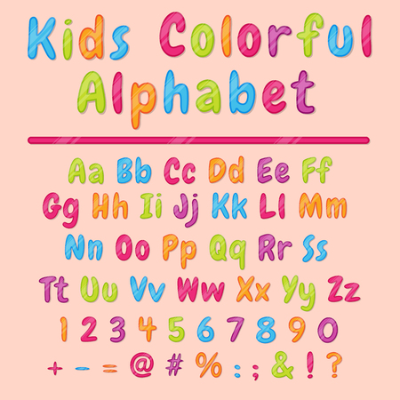 Colorful latin cartoon alphabet and figures. Bright letters and figures template for decoration and sign board creation. Font design for kids, vector.のイラスト素材