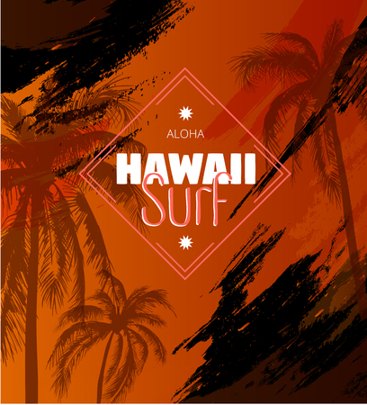 Orange poster with palm trees and Hawaii surf inscription, summer paradise. Decor for fabric, textile, clothes. T-shirt print, trendy design for youth, teenagers. Vector illustration.のイラスト素材