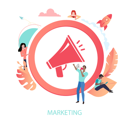 Marketing strategy for business projects, promotion, smm technology, sales. Round icon with speaker and people. Vector illustration in trendy living coral color, flat style design.のイラスト素材