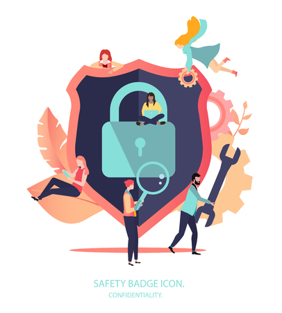 Safety badge icon. Confidentiality, internet security, data protection. Template with people and closed lock. Vector illustration, trendy living coral color, flat style.のイラスト素材