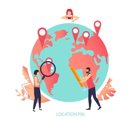 Location pin. Global communications, navigation, gps and digital technologies. Label with people and Earth. Vector illustration in trendy living coral color, flat style.のイラスト素材