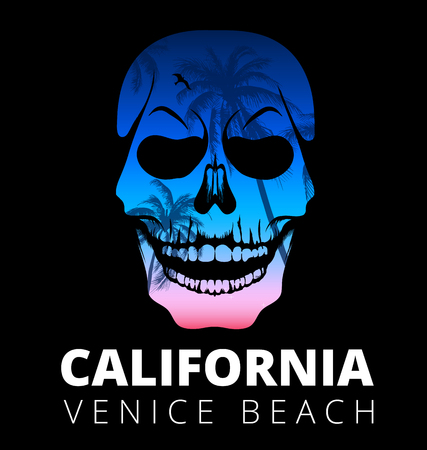 Colorful skull silhouette with palm trees pattern. California beach. Decor for fabric, clothes. T-shirt print, trendy summer design for youth, teenagers on black background. Vector illustration.のイラスト素材