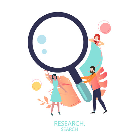 Research, search sign or icon with magnifier and people. Global search engines, finding for information in Internet. Vector illustration in trendy living coral color, flat style.のイラスト素材