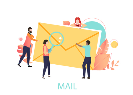 Mail icon with yellow envelope and people. Email, post, delivery, courier service, communication. Vector illustration, flat style design.のイラスト素材
