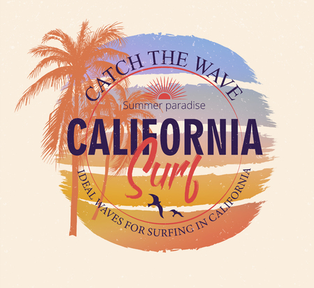 Colorful poster with palm trees and California surf inscription, summer paradise. Decor for fabric, textile, clothes. T-shirt print, trendy design for youth, teenagers. Vector illustration.のイラスト素材