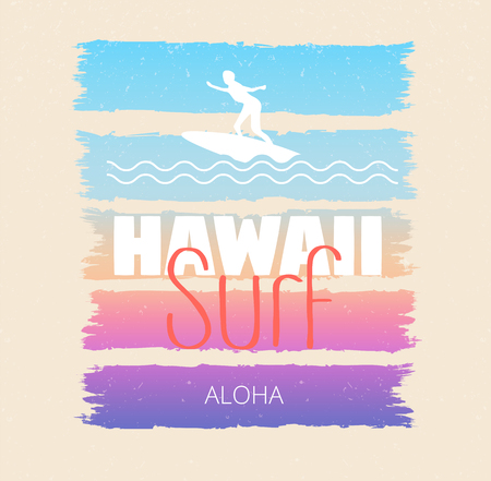 Colorful poster with Hawaii surf inscription, summer paradise. Decor for fabric, textile, clothes. T-shirt print, trendy design for youth, teenagers. Vector illustration.のイラスト素材