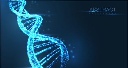 Abstract luminous DNA molecule, neon helix on blue background. Medical science, genetic, biotechnology, chemistry, biology. Vector poster.のイラスト素材