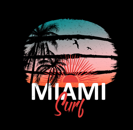 Colorful poster with palm trees and sun, summer paradise. Decor for fabric, textile, clothes. T-shirt print, Miami surf inscription, trendy design for youth, teenagers. Vector illustration.のイラスト素材