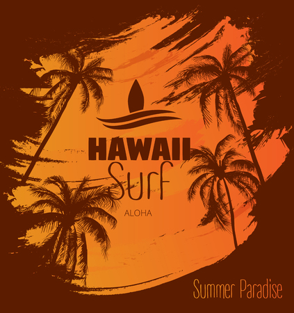 Orange poster with palm trees and Hawaii surf inscription, summer paradise. Decor for fabric, textile, clothes. T-shirt print, trendy design for youth, teenagers. Vector illustration.のイラスト素材