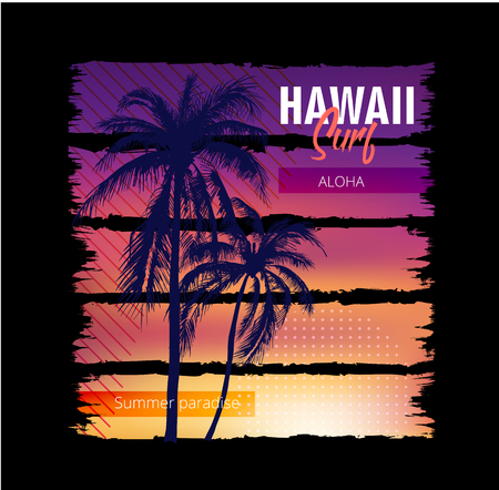 Colorful poster with palm trees, summer paradise. Decor for fabric, textile, clothes. T-shirt print, Hawaii surf inscription, trendy design for youth, teenagers. Vector illustration.のイラスト素材
