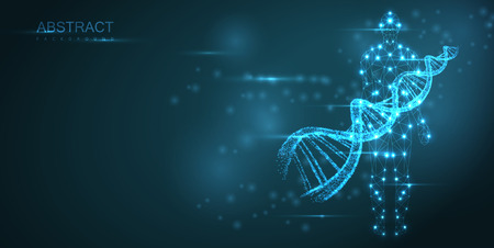 Blue abstract background with luminous DNA molecule, neon helix and human silhouette. Medical science, genetic, biotechnology, chemistry, biology. Vector poster.のイラスト素材