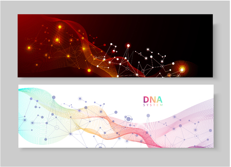 Abstract banners with DNA molecule, helix pattern on red or white background. Medical science, genetic, biotechnology, chemistry, biology. Vector illustration.のイラスト素材